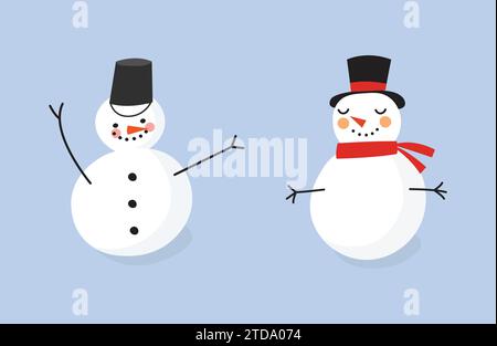 Set invernale di illustrazioni dei pupazzi di neve in stile doodle. Personaggi divertenti per la stampa dei cartoni animati. Illustrazione Vettoriale