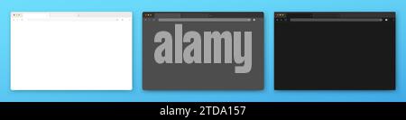 Una serie di finestre vuote realistiche del browser in bianco, grigio e nero con una barra degli strumenti, una barra di ricerca e un'ombra su uno sfondo blu scuro. Illustrazione Vettoriale