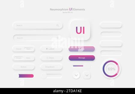Una raccolta di elementi dell'interfaccia utente per un'applicazione mobile in bianco e rosa-viola. Illustrazione Vettoriale