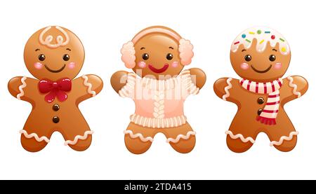 Set di graziose illustrazioni vettoriali natalizie di uomini e donne con cartoni animati di pan di zenzero. Divertente clipart delle vacanze disegnato a mano Illustrazione Vettoriale