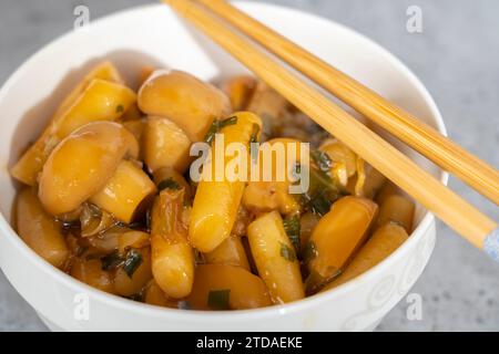 Tteokbokki coreano o torta di riso bollita con funghi e salsa. Foto Stock