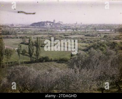 Avignone, Francia Vista generale di Avignone tratto da Fort Saint-André a Villeneuve-lez-Avignone, natura, ambiente, attività economica, Habitat, architettura, paesaggio, Agricoltura, bestiame, fiume, campanile, campo, Idrografia, Panorama dell'area urbana, Palazzo, Castello, vegetazione, botanica, Olivier, Francia, Avignone, vista generale di Avignone tratto da Fort St André a Villeneuve, Avignone, 11/04/1916 - 11/04/1916, Léon, Auguste, fotografo, 1916 - Province francesi - Jean Brunhes, Auguste Léon et Georges Chevalier - (aprile-luglio), Autochrome, Photo, Glass, Autochrome, foto, positiva, Horizo Foto Stock