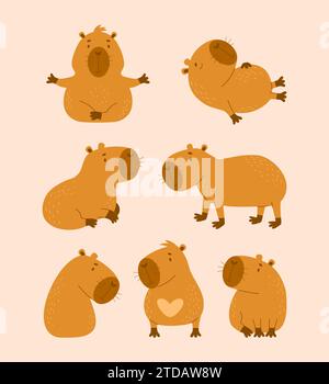 Simpatica collezione di animali Capybara. Roditore di carattere animale isolato. Illustrazione vettoriale in stile piatto. collezione bambini Illustrazione Vettoriale