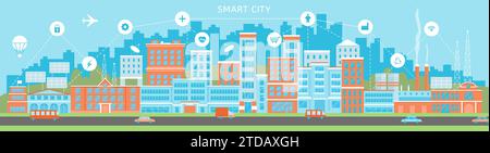 Smart City Flat Scene. Grattacieli ed edifici per uffici, appartamenti e strada con trasporto. Tecnologie e urbanizzazione, digital Town Decent Vector Illustrazione Vettoriale