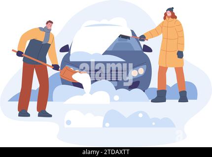 Pulire l'auto dalla neve dopo la tempesta di neve. Uomo e donna che puliscono auto, hanno rimosso la nevicata stagionale con spazzola e pala. Ambientazione vettoriale invernale Illustrazione Vettoriale