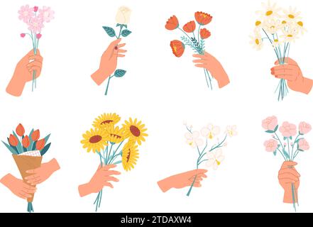 Mani che reggono fiori. Mano femminile con mazzi, rami floreali in fiore. Regalo romantico, regalo di compleanno o anniversario. Molla aderente clipart vettoriale Illustrazione Vettoriale
