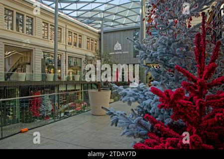 LIONE, FRANCIA, 17 dicembre 2023: Albero di Natale e decorazioni nel Great Hotel-Dieu, un antico ospedale, ora rinnovato come moderno centro commerciale Foto Stock