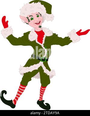 Elfo di Natale, assistente di Babbo Natale in pelliccia, berretto in pelliccia con bauble e calzini a righe per ginocchio. Illustrazione vettoriale del giovane elfo natalizio con piccolo orso Illustrazione Vettoriale