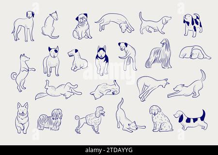 Cani carini. Divertenti illustrazioni di cani da doodle animali domestici recenti disegni a mano lineari vettoriali Illustrazione Vettoriale