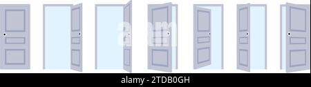 Aprire e chiudere gli sportelli piatti. Uscita e ingresso, porta esterna e interna della casa o dell'edificio. Vari ingressi chiusi aperti, set vettoriale isolato Illustrazione Vettoriale