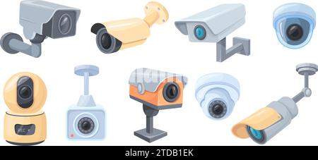 Cartone animato cctv. Videocamera per la sorveglianza di sicurezza domestica o esterna, controllo di sorveglianza della polizia monitoraggio stradale, sistema spia di protezione della privacy, illustrazione vettoriale ordinata Illustrazione Vettoriale