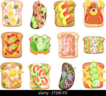 Vista dall'alto dei panini. Sandwich isolato, condimenti diversi, ingredienti tostati, prosciutto salmone miele, uova, avocado, funghi, toast vegetariani, illustrazione vettoriale del panino diverso Illustrazione Vettoriale