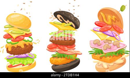 Ingredienti per hamburger volanti. Hamburger ingredienti a strati esplosivi, hamburger cheeseburger strati galleggianti cipolla fritta lattuga peperoncino funghi panino cibo ordinato illustrazione vettoriale di hamburger con formaggio Illustrazione Vettoriale