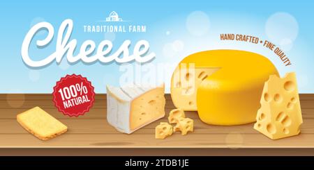 Poster realistico del formaggio. Formaggi di fattoria che promuovono il design dello sfondo con titoli, cheddar tagliato gouda fresco o prodotti lattiero-caseari per la nutrizione della natura olandese edam, illustrazione vettoriale del formaggio poster Illustrazione Vettoriale