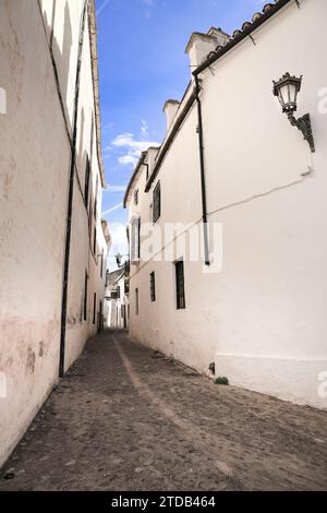 Stretta strada acciottolata e facciate della città di Ronda, Malaga, Spagna Foto Stock