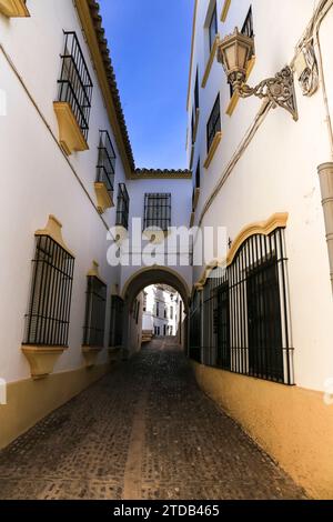 Stretta strada acciottolata e facciate della città di Ronda, Malaga, Spagna Foto Stock