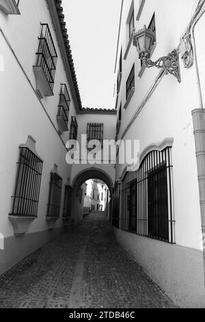 Stretta strada acciottolata e facciate della città di Ronda, Malaga, Spagna Foto Stock