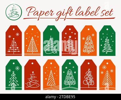 Etichetta regalo di Natale con set di cartoni animati Tree Doodle. Capodanno e Natale alberi simbolo tradizionali, pini disegnano per tag o etichette tipografia. Vettoriale natalizio astratto disegnato a mano Illustrazione Vettoriale