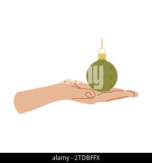 Decorazione per la casa di vacanza mano con pallina di Natale Design per banner, web. Palla verde sulla mano. Illustrazione vettoriale... Illustrazione Vettoriale