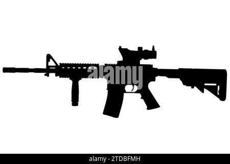 M4 Carbine con vista ottica e silhouette nera in primo piano Foto Stock