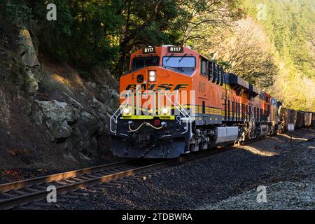 Bellingham, WA, USA - 16 dicembre 2023; la BNSF caricava il treno a carbone che passava sulle colline rocciose Foto Stock