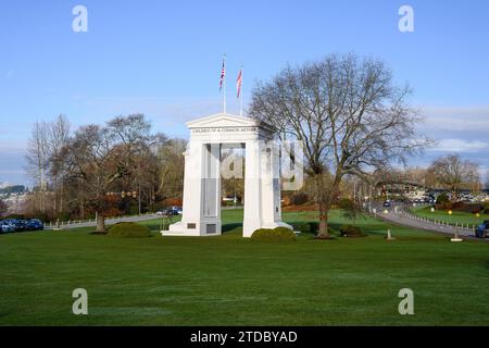 Blaine, WA, USA - 16 dicembre 2023; Peace Arch Monument al confine tra Stati Uniti e Canada Foto Stock