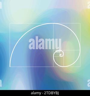 Sequenza Fibonacci, sfondo a spirale dorata, proporzione Golden ratio Illustrazione Vettoriale
