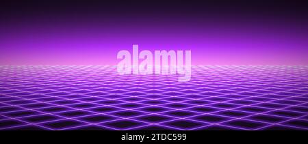 Sfondo con orizzonte reticolare al neon brillante. Pavimento della stanza con griglia viola chiaro in prospettiva. Carta da parati futuristica viola brillante. Orizzontale astratto a scacchi. Superficie di gioco. Sfondo vettoriale Illustrazione Vettoriale