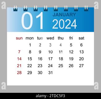 Gennaio 2024. Modello di calendario mensile vettoriale 2024 anni in stile semplice per la progettazione di modelli. La settimana inizia dalla domenica. Illustrazione Vettoriale