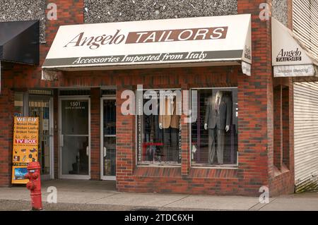 Negozio Angelo Tailors a Little Italy, Commercial Drive, Vancouver, British Columbia, Canada Foto Stock