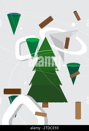 Sfondo a tema retrò grafico geometrico Pine Tree verde, marrone e bianco. Elementi geometrici minimi. Figure astratte vintage illustrazione vettoriale. Illustrazione Vettoriale