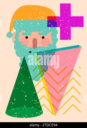 Testa di Babbo Natale risografo, faccia con forme geometriche. Oggetti in stile grafico riso alla moda con elementi geometrici. Illustrazione Vettoriale