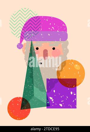 Testa di Babbo Natale risografo, faccia con forme geometriche. Oggetti in stile grafico riso alla moda con elementi geometrici. Illustrazione Vettoriale