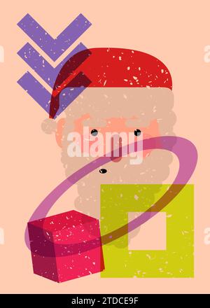 Testa di Babbo Natale risografo, faccia con forme geometriche. Oggetti in stile grafico riso alla moda con elementi geometrici. Illustrazione Vettoriale