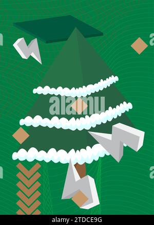 Sfondo a tema retrò grafico geometrico Pine Tree verde, marrone e bianco. Elementi geometrici minimi. Figure astratte vintage illustrazione vettoriale. Illustrazione Vettoriale