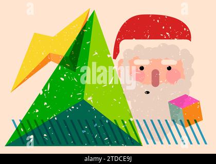 Testa di Babbo Natale risografo, faccia con forme geometriche. Oggetti in stile grafico riso alla moda con elementi geometrici. Illustrazione Vettoriale