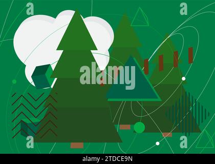 Sfondo a tema retrò grafico geometrico Pine Tree verde, marrone e bianco. Elementi geometrici minimi. Figure astratte vintage illustrazione vettoriale. Illustrazione Vettoriale