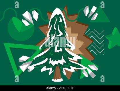 Sfondo a tema retrò grafico geometrico Pine Tree verde, marrone e bianco. Elementi geometrici minimi. Figure astratte vintage illustrazione vettoriale. Illustrazione Vettoriale