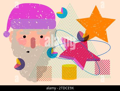 Testa di Babbo Natale risografo, faccia con forme geometriche. Oggetti in stile grafico riso alla moda con elementi geometrici. Illustrazione Vettoriale