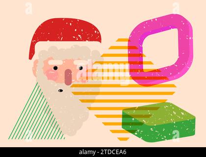 Testa di Babbo Natale risografo, faccia con forme geometriche. Oggetti in stile grafico riso alla moda con elementi geometrici. Illustrazione Vettoriale