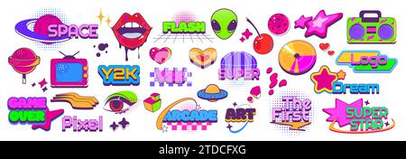 Y2K colorato forma astratta e adesivo. Illustrazione vettoriale dei cartoni animati con simboli degli anni '2000 e design in stile brutale. Collezione retro-futuristica di forme grafiche accattivanti. Elementi psichedelici vintage Illustrazione Vettoriale