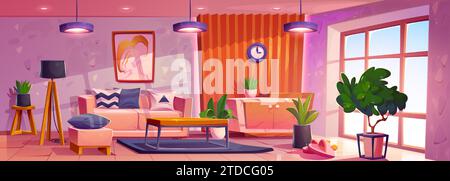 Intimi interni del soggiorno con mobili e tavolo morbidi, lampada e foto a parete, fiori verdi in pentole e grande finestra. Illustrazione vettoriale dei fumetti della casa moderna con divano e cuscini. Illustrazione Vettoriale
