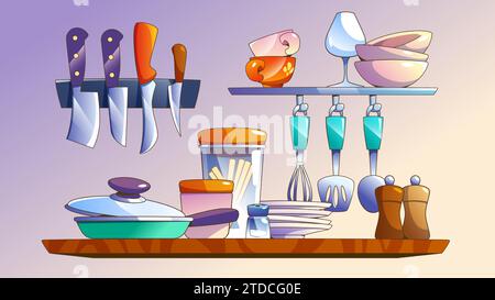 Scaffale da cucina in legno a cartoni animati con piedistallo e utensili da appendere per cucinare e mangiare. Set di utensili da cucina vettoriali - padella e coltelli, piatti e tazze, cibo e spezie in ciotole in vetro e ceramica. Illustrazione Vettoriale