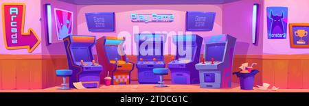 Interno della sala giochi con sala giochi in stile retrò e striscioni. Illustrazione vettoriale dei cartoni animati della console vintage degli anni '80 con controller joystick e schermo. Vecchia sala di intrattenimento per videogiochi elettronici. Illustrazione Vettoriale