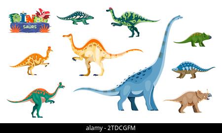 Simpatici personaggi dei cartoni animati dei dinosauri. Nodosaurus, Hypacrosaurus, Corythosaurus e Deinocheirus, Lambeosaurus, Titanosauria, Centrosaurus e Avaceratops, set di divertenti personaggi di dinosauro Panoplosaurus Illustrazione Vettoriale