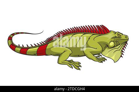 Mascotte dell'iguana dei cartoni animati. Mascotte con personaggio iguana, animale selvatico aggressivo o rettile verde giungla, adesivo vettoriale isolato o simbolo aziendale Illustrazione Vettoriale