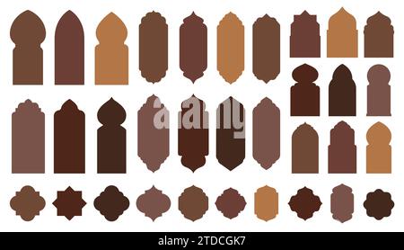Forme islamiche delle porte. Serie vettoriale isolata di archi, finestre e porte della moschea araba. Elementi architettonici eleganti, icone per le vacanze musulmane Ramadan Kareem o Eid Mubarak. Raccolta di cornici portali marrone Illustrazione Vettoriale