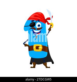 Cartoni animati divertente pirata numero uno e personaggio corsaro. Personaggio matematico a cifra 1 vettoriale isolato indossa bandana rossa e patch per gli occhi trasuda fiducia e positività, con la sua personalità piratica Illustrazione Vettoriale