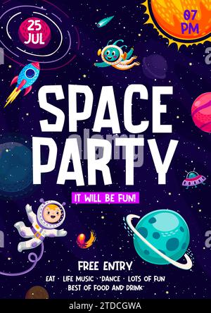 Volantino con astronauta e personaggi alieni con razzo e UFO sullo sfondo vettoriale del paesaggio stellato della galassia. Pianeti spaziali, comete e stelle nel cielo oscuro, invito a feste per bambini Illustrazione Vettoriale