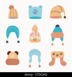 Set di cappelli invernali in stile Doodle. Diversi tipi di cappelli per bambini e adulti Illustrazione Vettoriale